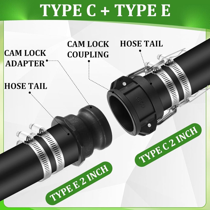Innconee 2 Set Camlock Fittings Type C&E 2 Inch Polypropylene Cam and Groove Hose Fitting Kit Include 2" Female Coupling Cam Lock, 2" Male Adapter Camlock, Gasket, Hose Clamps for Industrial - Image 4